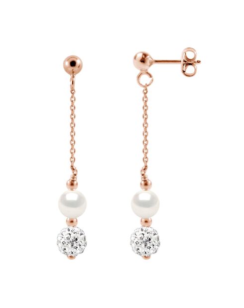 Boucles d'Oreilles Argent plaqué Or Rose, Cristal & Perles d'Eau Douce traversantes rondes blanc naturel