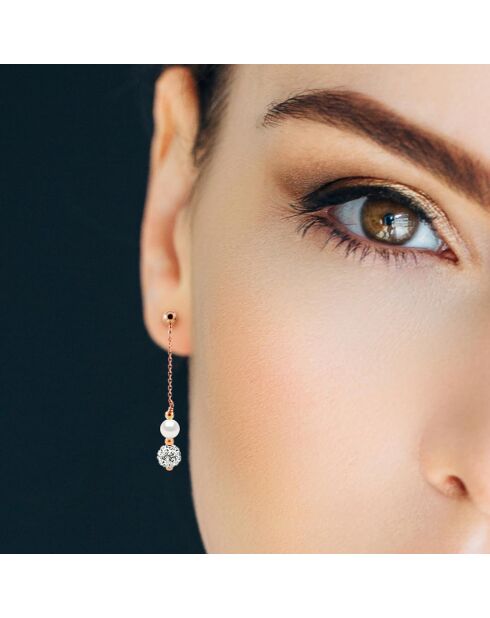 Boucles d'Oreilles Argent plaqué Or Rose, Cristal & Perles d'Eau Douce traversantes rondes blanc naturel