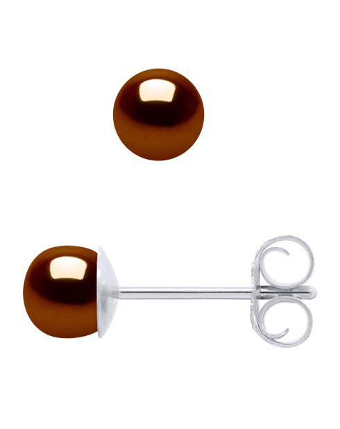 Boucles d'Oreilles Argent Rhodié & Perles d'Eau Douce boutons marron