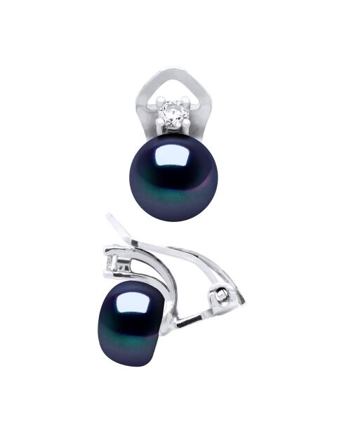 Boucles d'Oreilles Argent Rhodié, Zircone & Perles d'Eau Douce boutons noires