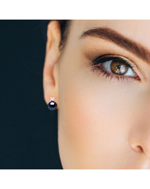 Boucles d'Oreilles Argent Rhodié, Zircone & Perles d'Eau Douce boutons noires