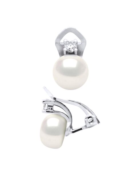 Boucles d'Oreilles Argent Rhodié, Zircone & Perles d'Eau Douce boutons blanc naturel