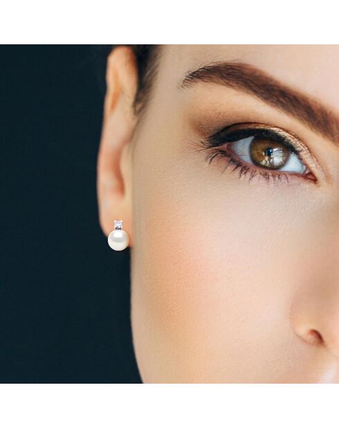 Boucles d'Oreilles Argent Rhodié, Zircone & Perles d'Eau Douce boutons blanc naturel