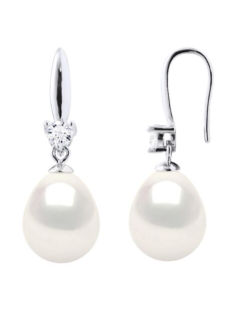 Boucles d'Oreilles Argent Rhodié, Zircone & Perles d'Eau Douce poires blanc naturel
