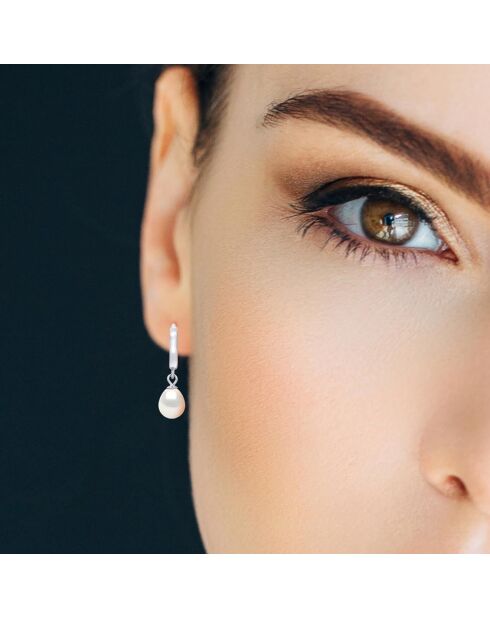 Boucles d'Oreilles Créoles Argent Rhodié & Perles d'Eau Douce poires blanc naturel