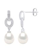 Boucles d'Oreilles Pendantes Argent Rhodié, Zircone & Perles d'Eau Douce poires blanc naturel