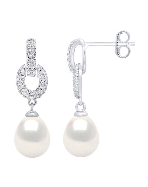 Boucles d'Oreilles Pendantes Argent Rhodié, Zircone & Perles d'Eau Douce poires blanc naturel