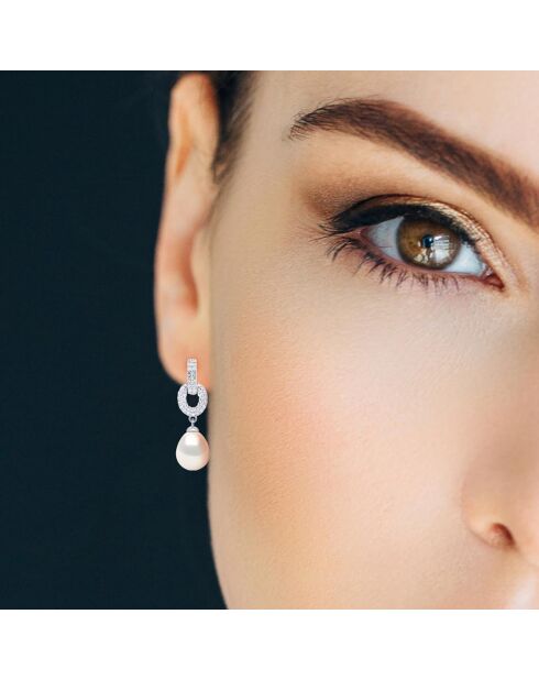 Boucles d'Oreilles Pendantes Argent Rhodié, Zircone & Perles d'Eau Douce poires blanc naturel