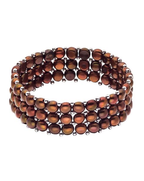 Bracelet 3 Rangs Acier & Perles d'Eau Douce rondes marron