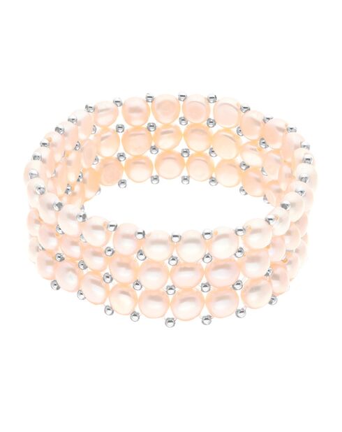 Bracelet 3 Rangs Acier & Perles d'Eau Douce rondes rose naturel