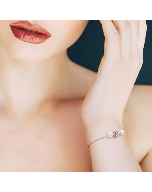 Bracelet Argent plaqué Or Rose, Cristal & Perles d'Eau Douce rondes blanc naturel