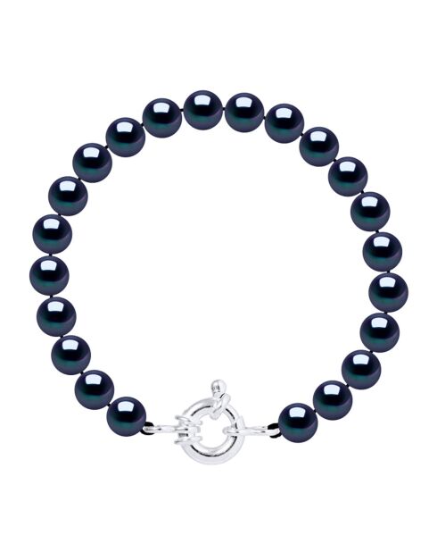 Rangarmband aus Rhodiumsilber und schwarze runde Süßwasserperlen