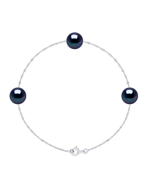 Bracelet Argent Rhodié & 3 Perles d'Eau Douce traversantes rondes noires