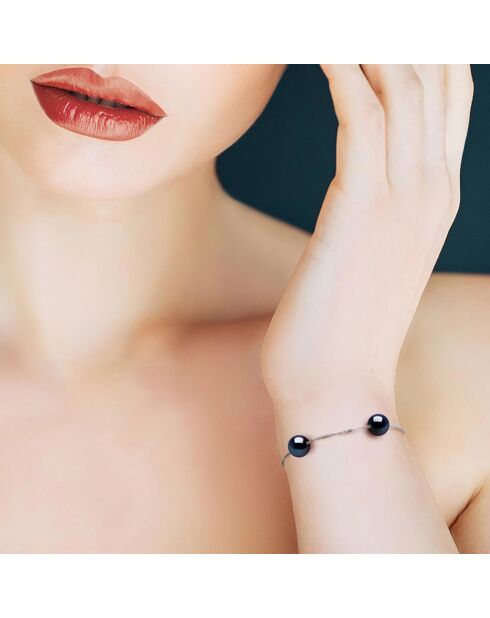 Bracelet Argent Rhodié & 3 Perles d'Eau Douce traversantes rondes noires