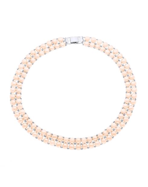 2-reihige Halskette aus Stahl und natürliche rosafarbene runde Süßwasserperlen