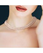 2-reihige Halskette aus Stahl und natürliche rosafarbene runde Süßwasserperlen