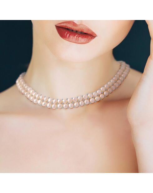 2-reihige Halskette aus Stahl und natürliche rosafarbene runde Süßwasserperlen