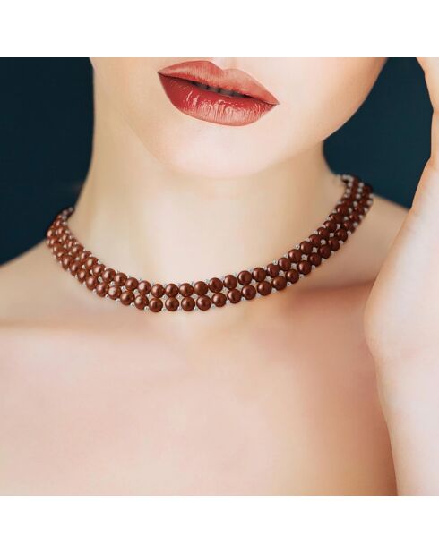 2-reihige Halskette aus Stahl und braune runde Süßwasserperlen