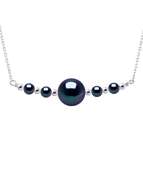 Collier Argent Rhodié & Perles d'Eau Douce rondes noires