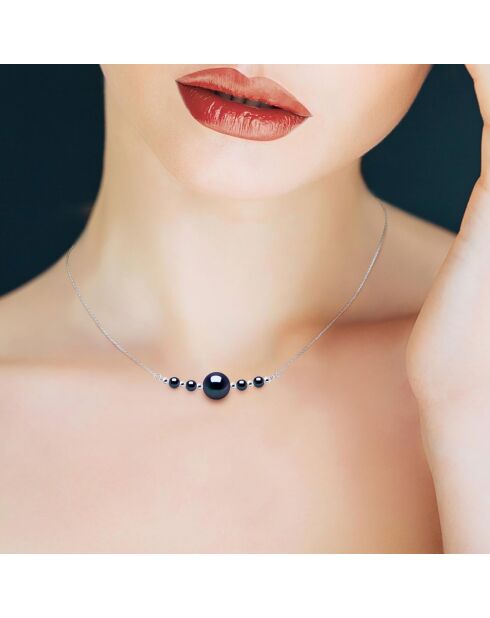 Collier Argent Rhodié & Perles d'Eau Douce rondes noires