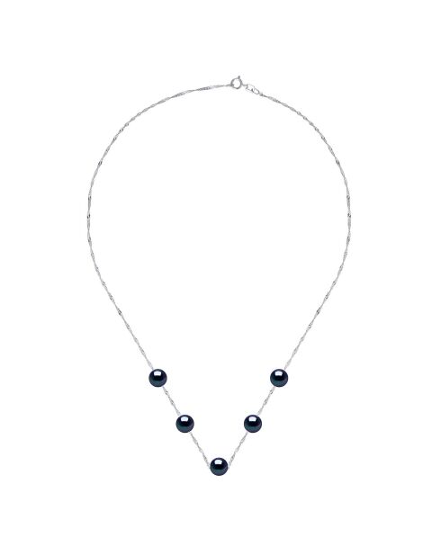 Halskette aus Rhodiumsilber und 5 schwarze, runde, kreuzende Süßwasserperlen