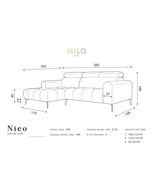 Canapé d'angle gauche velours nico 4 places gris - 253x164x100 cm