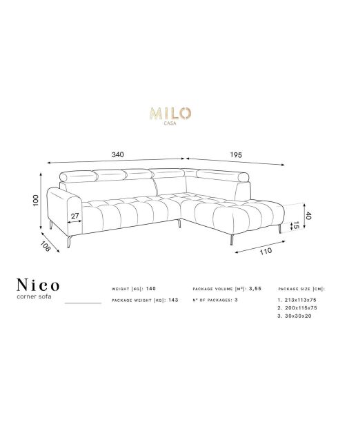 Canapé d'angle droit velours nico 5 places gris - 340x195x100 cm