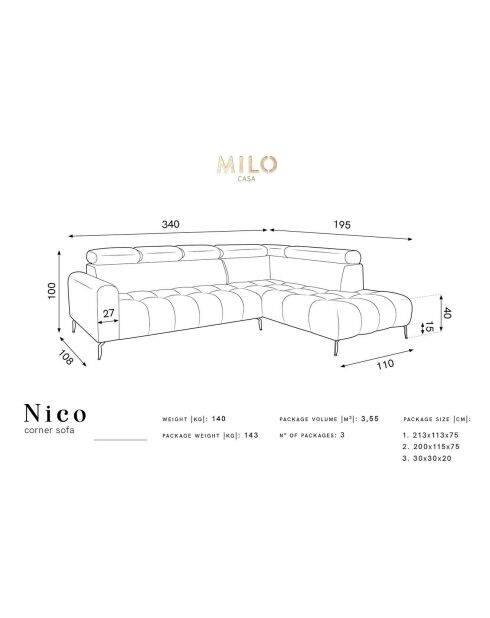 Canapé d'angle droit velours Nico 5 places gris clair - 340x195x100 cm