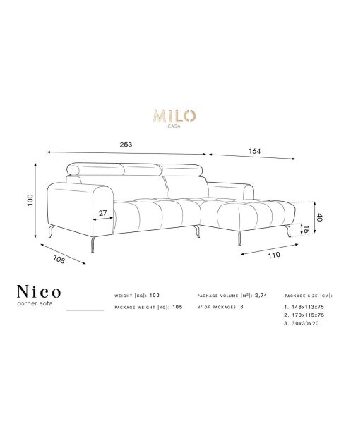 Canapé d'angle droit velours Nico 4 places gris clair - 253x164x100 cm