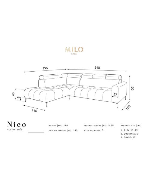 Canapé d'angle gauche velours nico 5 places gris foncé - 340x195x100 cm