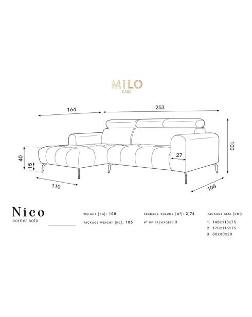 Canapé d'angle gauche velours Nico 4 places bleu foncé - 253x164x100 cm
