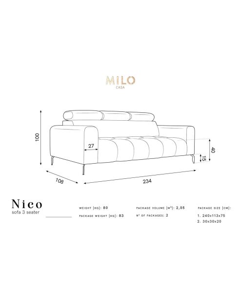 Canapé velours Nico 3 places vert - 234x108x100 cm