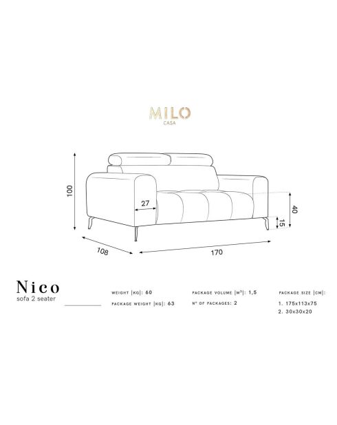 Canapé velours Nico 2 places bleu clair - 170x108x100 cm