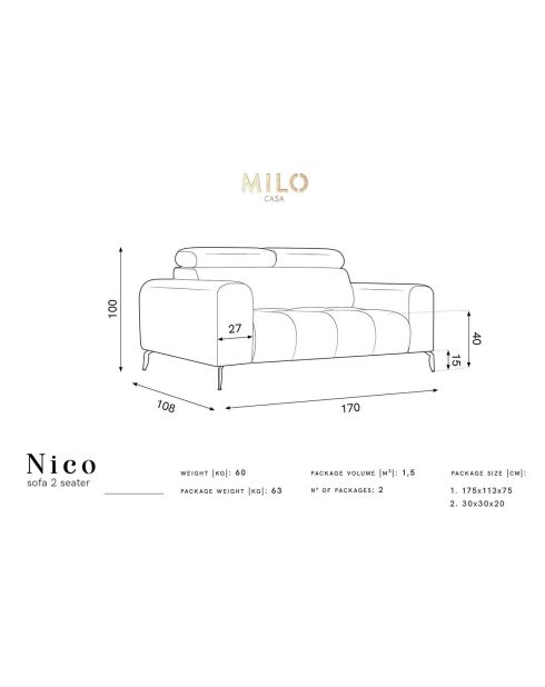Canapé velours Nico 2 places gris foncé - 170x108x100 cm