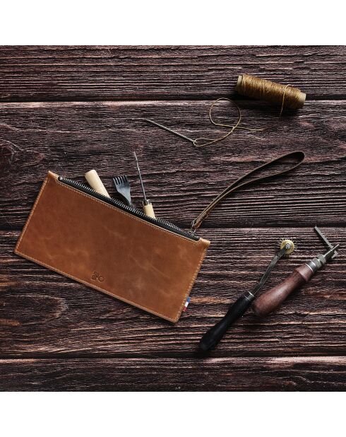 Trousse en Cuir patiné Nico cognac - 21x11 cm