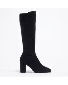 Bottes en Velours de Cuir & Textile Livia noires - Talon 8,5 cm