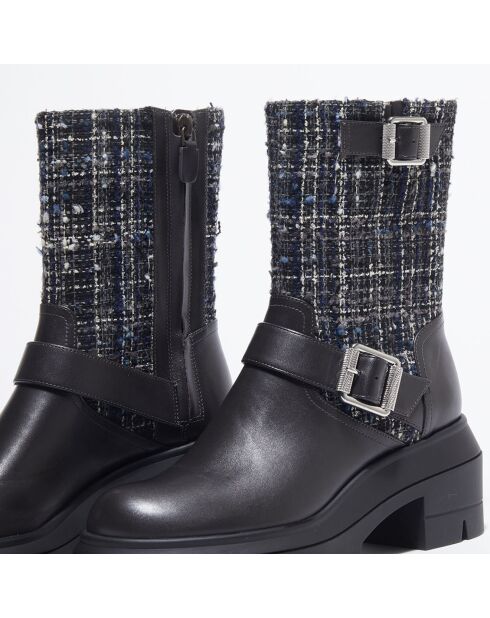 Boots en Cuir & Tweed Ryder Rise noires - Talon 7,5 cm