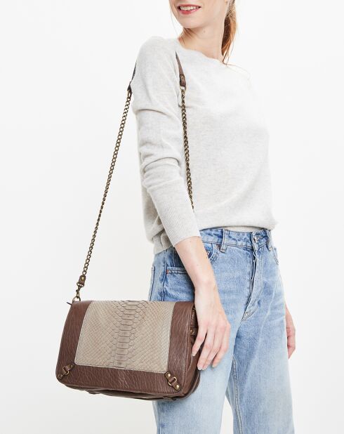 Sac bandoulière en Cuir d'Agneau & Python Seren praline/éléphant - 25x11x16.5 cm