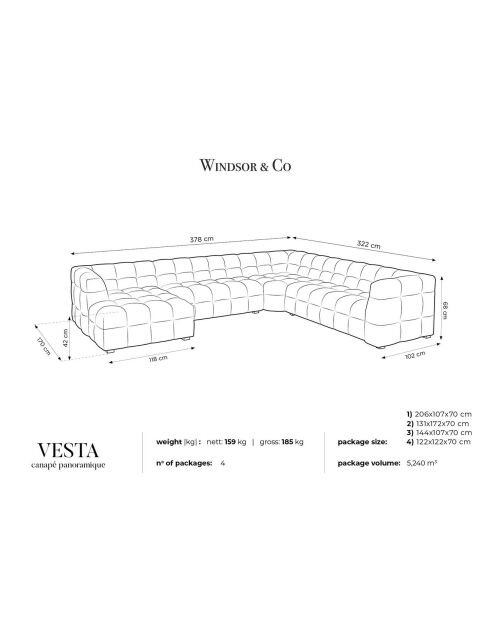 Canapé d'angle panoramique droit velours vesta 8 places beige - 378x322x68 cm