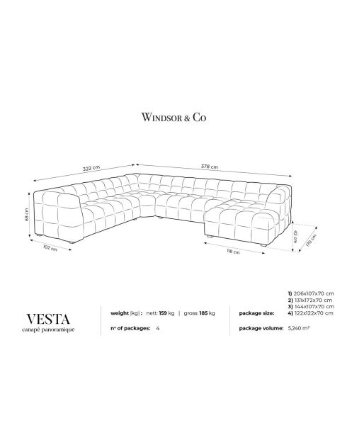 Canapé d'angle panoramique gauche velours vesta 8 places bleu roi - 378x322x68 cm