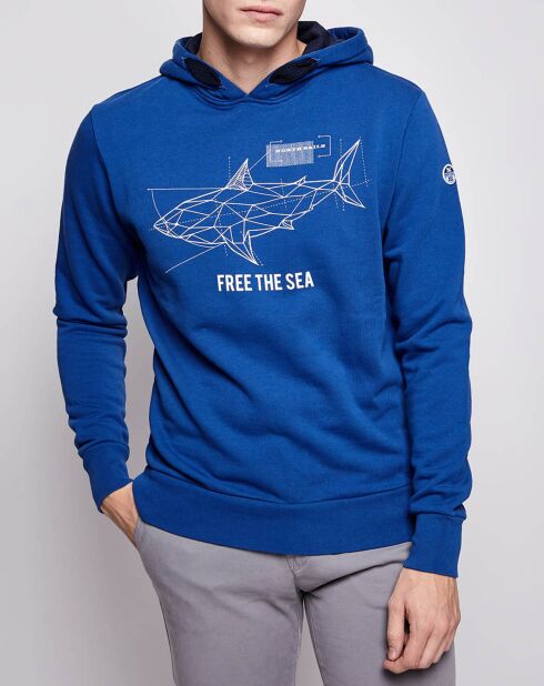 Sweat 100% Coton Bio à capuche Free The Sea bleu