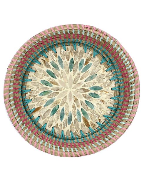 Rond dienblad van zeegras en schelpen Paros blauw/roze - 30x7 cm