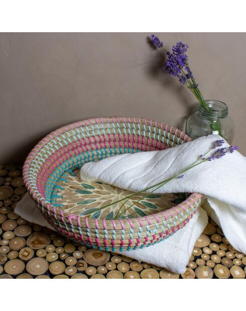 Rond dienblad van zeegras en schelpen Paros blauw/roze - 30x7 cm