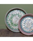 Plateau rond en jonc de mer et coquillage paros bleu/rose/vert - 33x6 cm