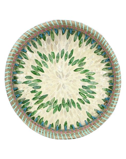 Rond dienblad van zeegras en schelpen Paros blauw/roze/groen - 33x6 cm