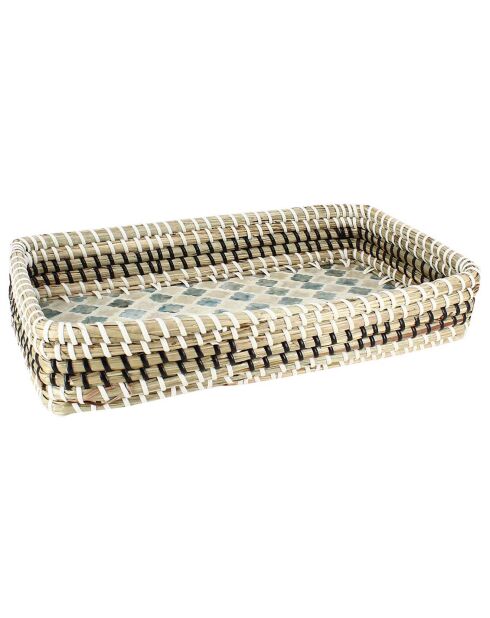 Rechthoekig zeegras- en schelpenbakje paros wit/blauw/zwart - 32x19 cm
