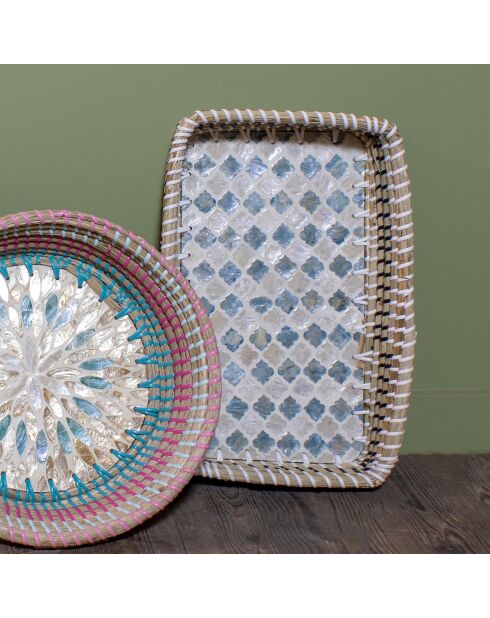 Rechthoekig zeegras- en schelpenbakje paros wit/blauw/zwart - 32x19 cm