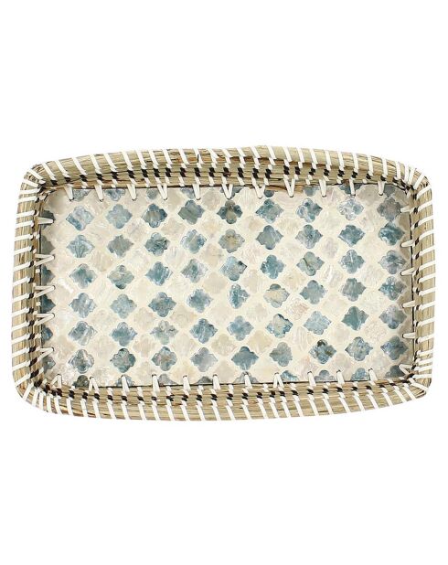 Rechthoekig zeegras- en schelpenbakje paros wit/blauw/zwart - 32x19 cm