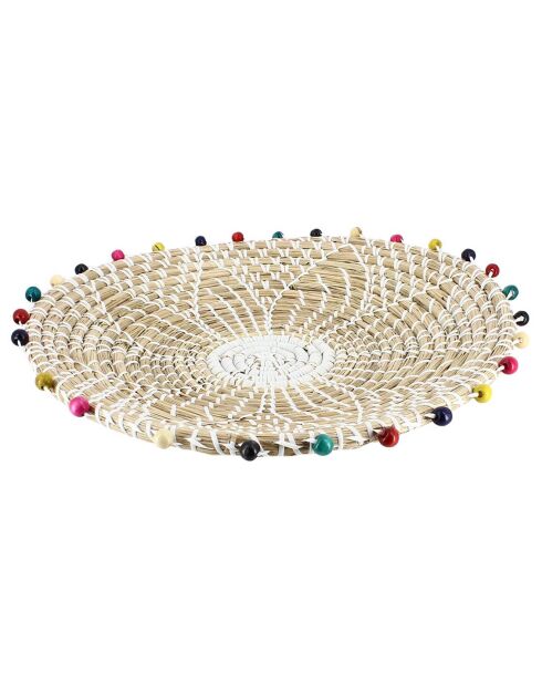 Panier rond en jonc de mer et perles de bois milos beige - 40x5 cm