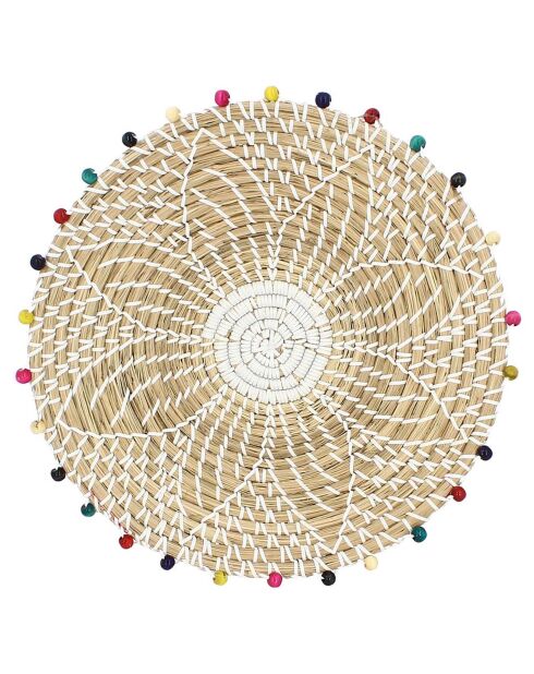 Panier rond en jonc de mer et perles de bois milos beige - 40x5 cm